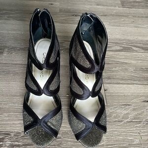 Caparros black satin gold embellished heeled shoes